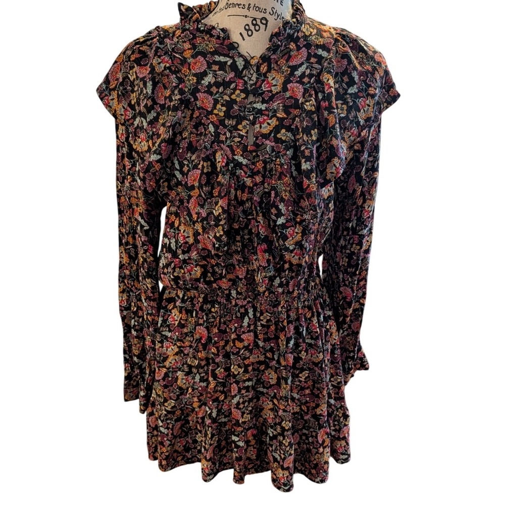 Zara Women Small Black Floral Metallic Ruffle Mini Dress Long Sleeve Smocked